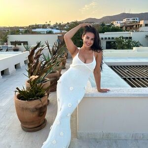 Meshki Ivory Maxi Slip Dress with Rosette Accents